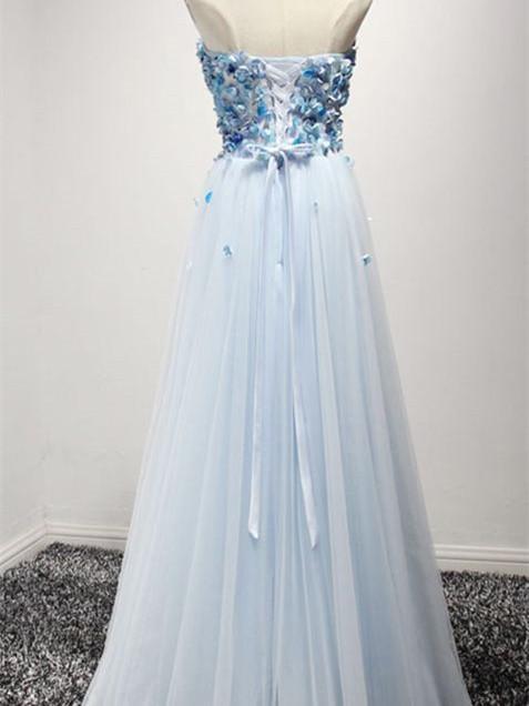 A-line Sweetheart Floor-Length Tulle Appliqued Prom Dresses