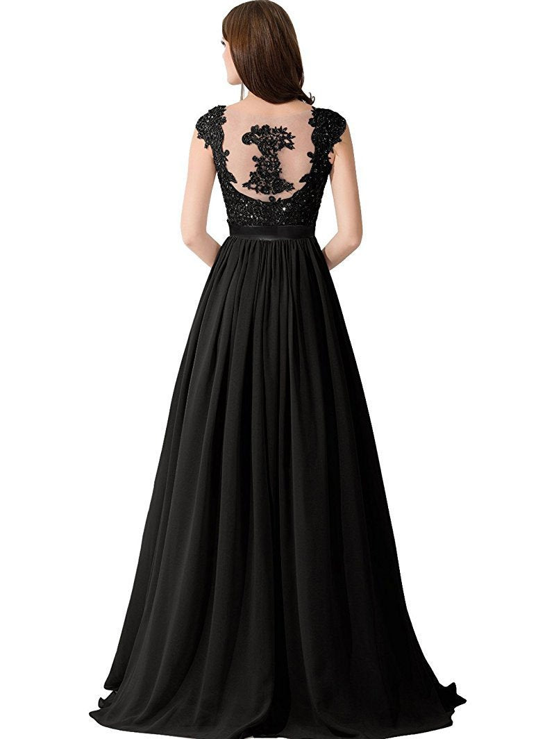 A-line Sweetheart Sweep Train Chiffon Appliqued Beaded Black Prom Dresses