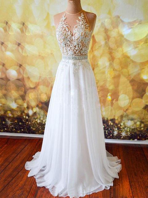 A-line Sweetheart Sweep Train Chiffon Beaded Appliqued Prom Dresses