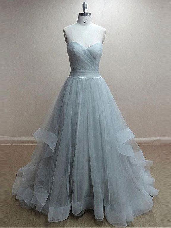 A-line Sweetheart Sweep Train Organza Simple Prom Dresses