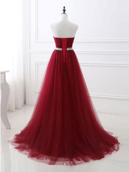 A-line Sweetheart Sweep Train Tulle Rhinestone Prom Dresses