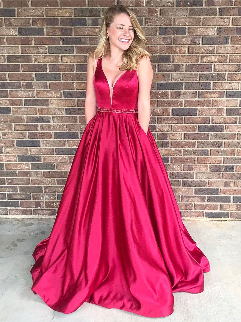 A-line V-Neck Chapel Train Satin Beaded Prom Dresses