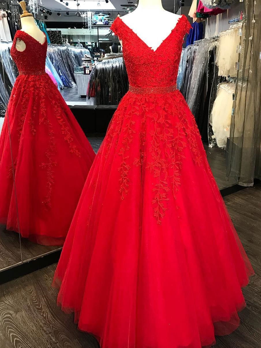 A-line V-neck Floor-Length Tulle Appliqued Red Prom Dress