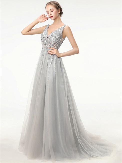 A-line V-neck Floor Length Tulle Gray Prom Evening Dresses