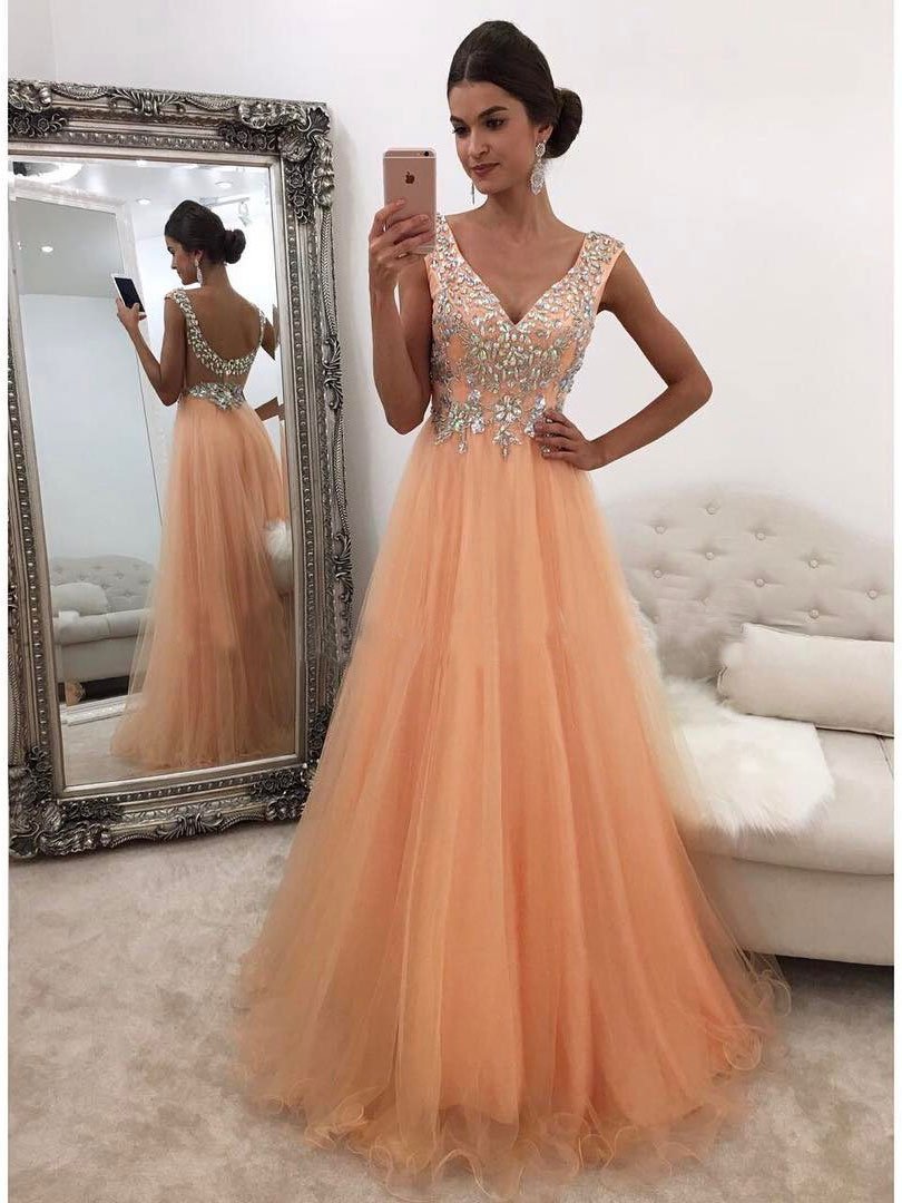 A-line V-Neck Floor-Length Tulle Rhine Stone Prom Dresses