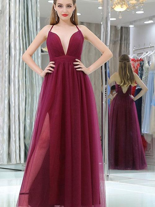 A-line V-Neck Floor-Lentgh Tulle Split Prom Dresses