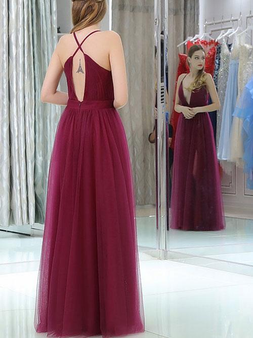 A-line V-Neck Floor-Lentgh Tulle Split Prom Dresses