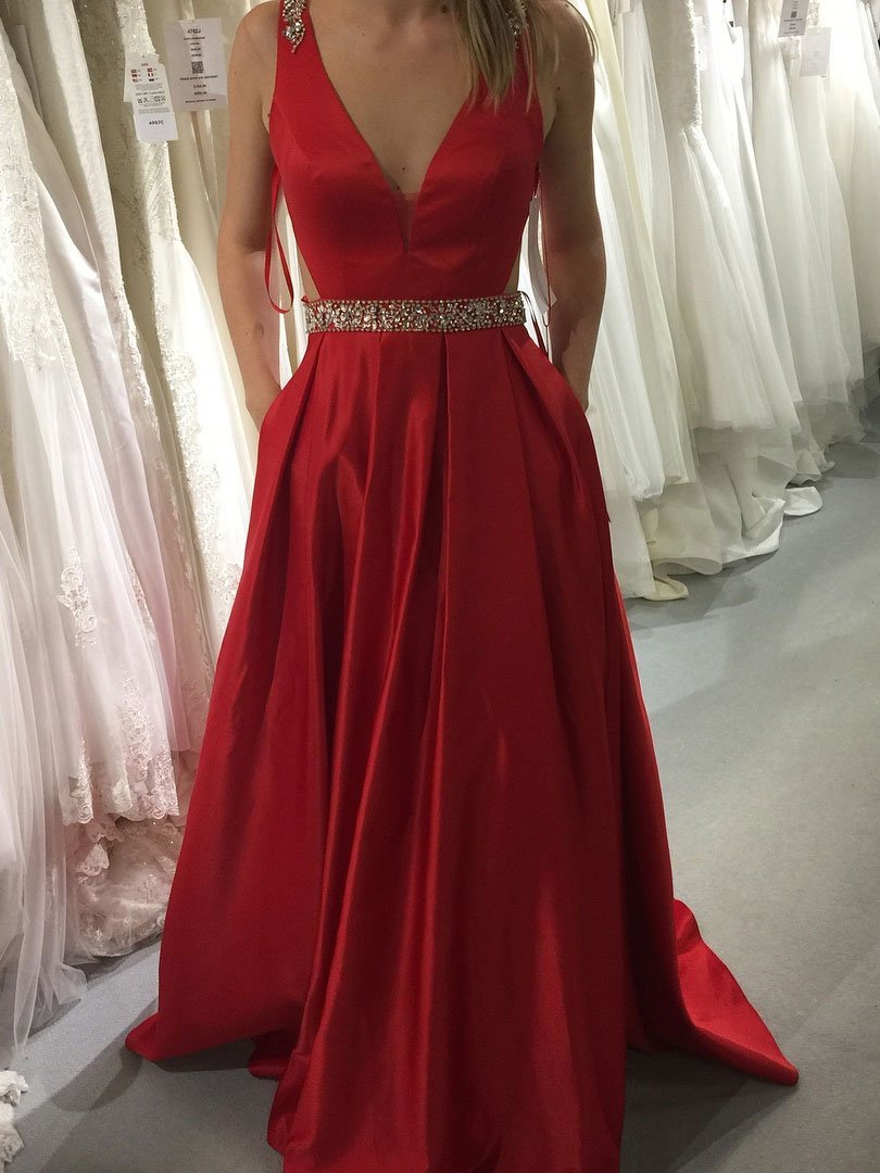 A-line  V-Neck Sweep Train Satin Rhine Stone Beaded Prom Dresses