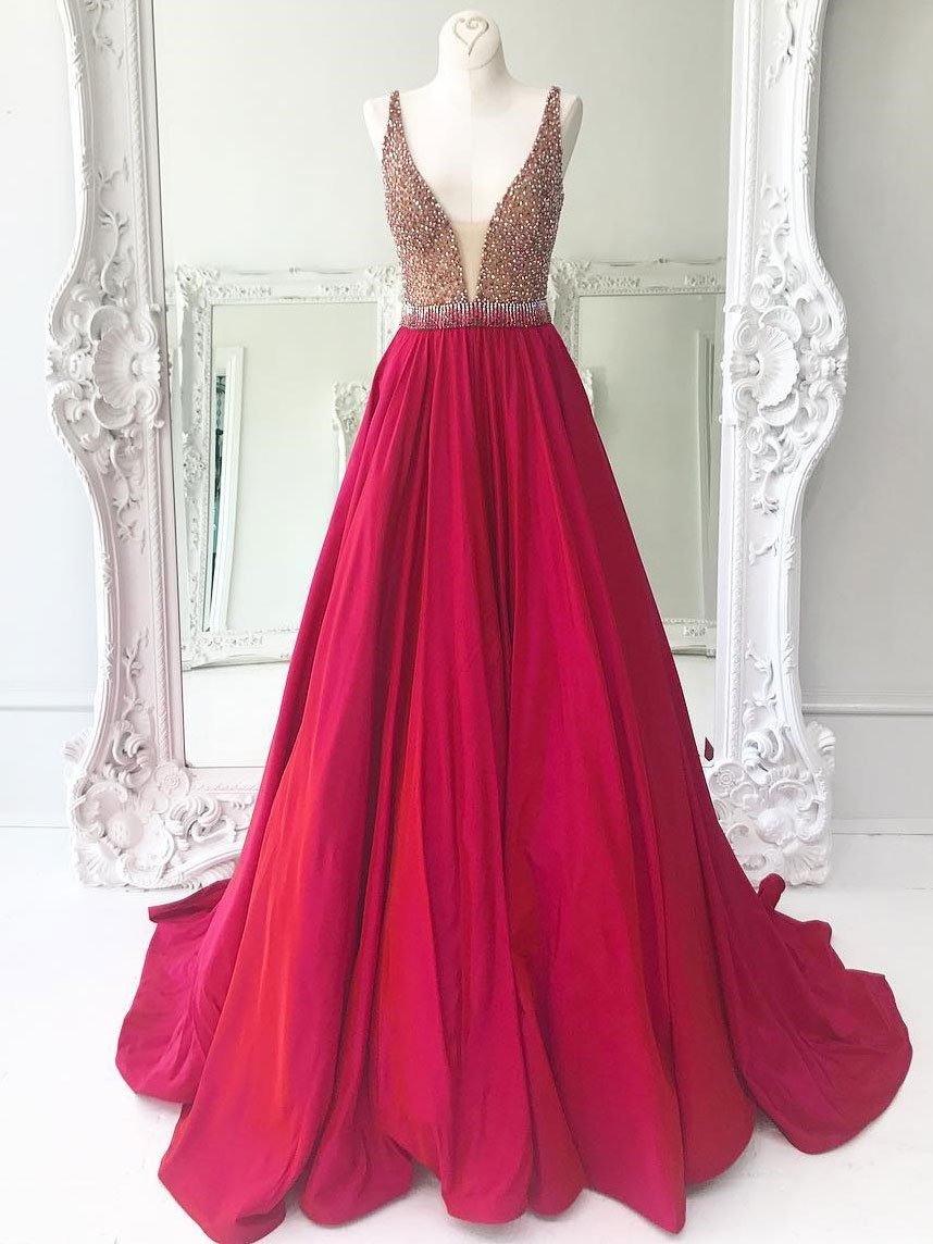 A-line  V-Neck Sweep Train Taffeta Sequined Prom Dresses