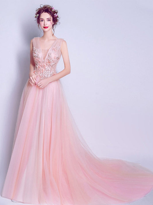 A-line V-Neck Sweep Train Tulle Appliqued Beaded Blushing Pink Prom Dresses