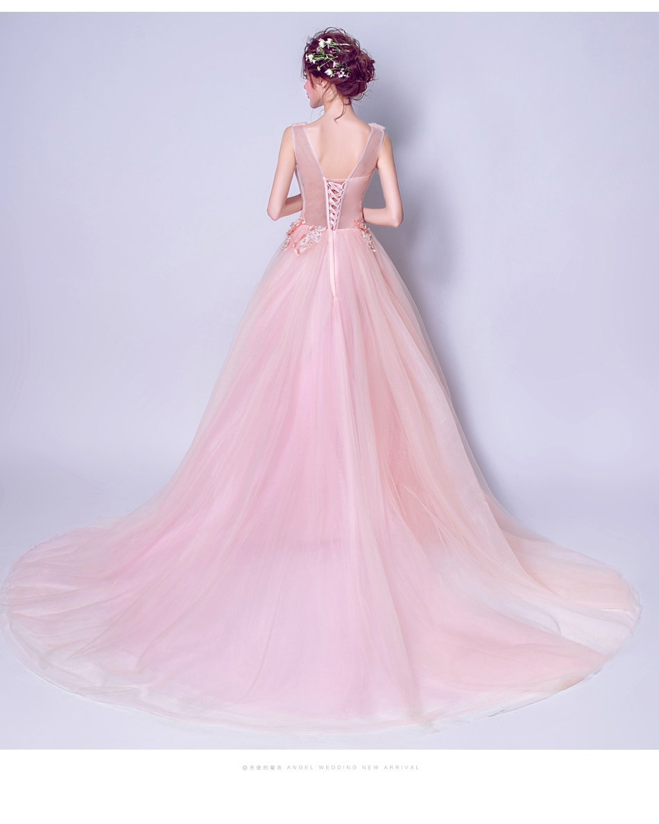 A-line V-Neck Sweep Train Tulle Appliqued Beaded Blushing Pink Prom Dresses