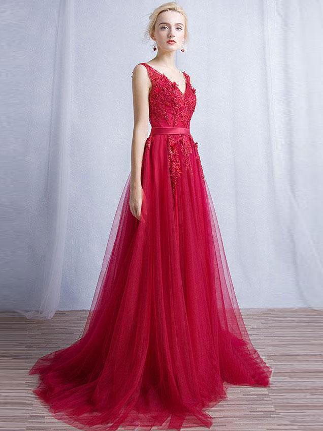 A-line V-neck Sweep Train Tulle Appliqued Beaded Red Prom Dresses