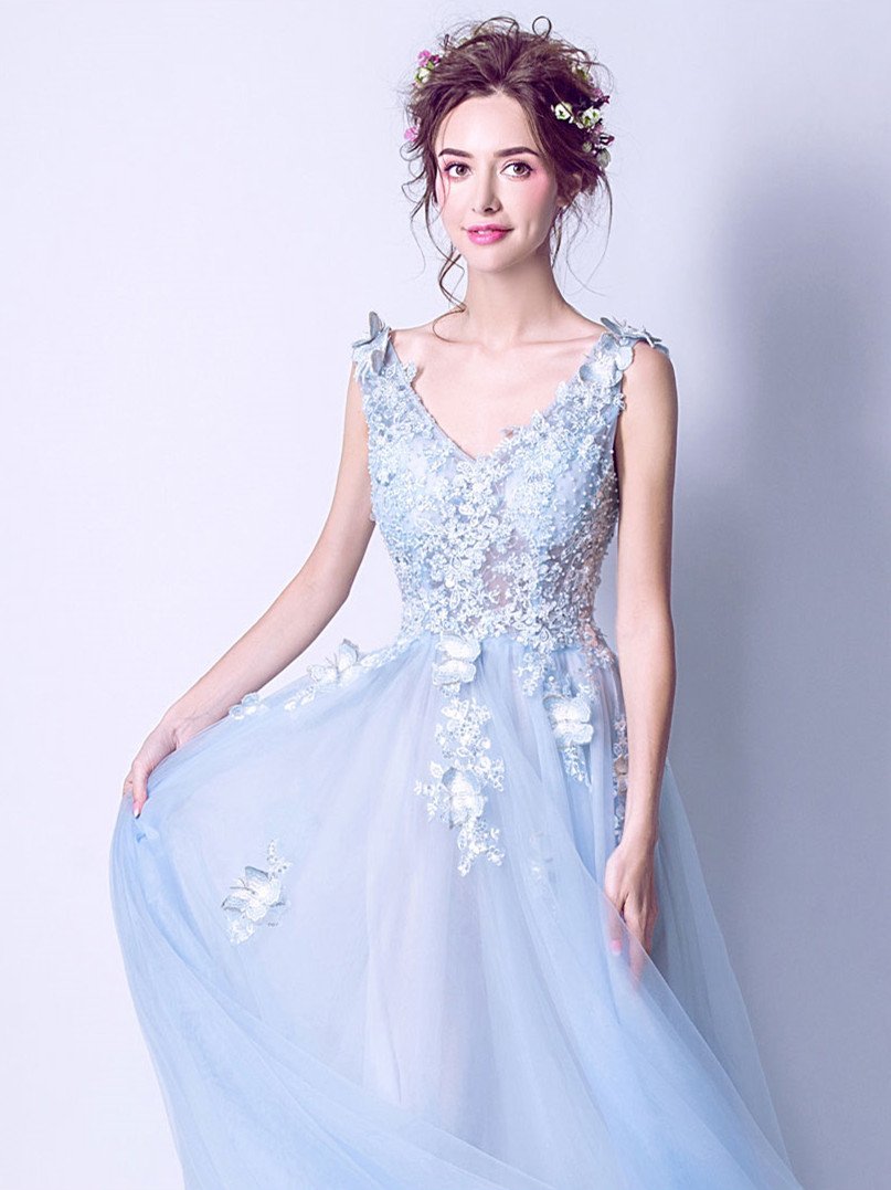 A-line V-Neck Sweep Train Tulle Appliqued Beaded Sky Blue Prom Dresses