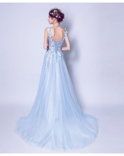A-line V-Neck Sweep Train Tulle Appliqued Beaded Sky Blue Prom Dresses