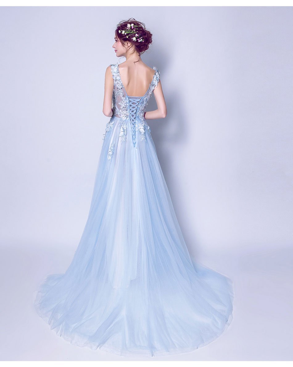 A-line V-Neck Sweep Train Tulle Appliqued Beaded Sky Blue Prom Dresses