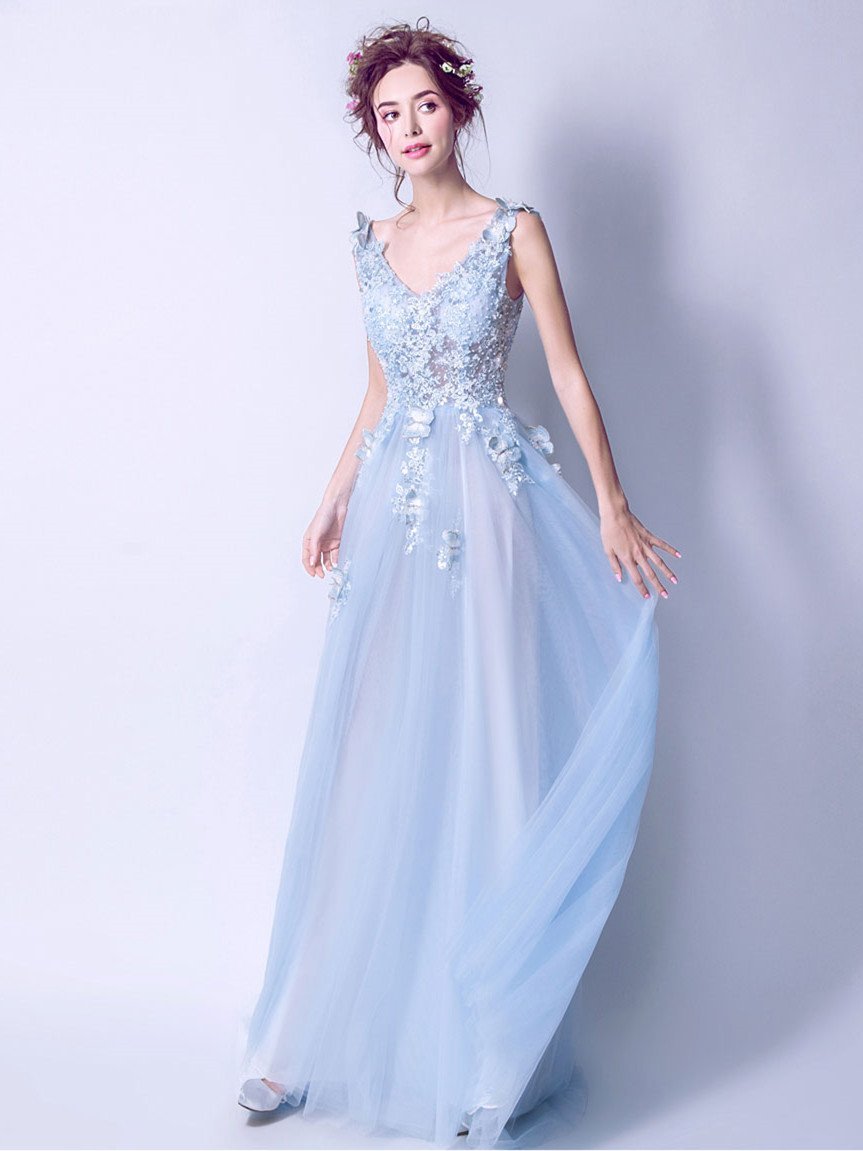 A-line V-Neck Sweep Train Tulle Appliqued Beaded Sky Blue Prom Dresses