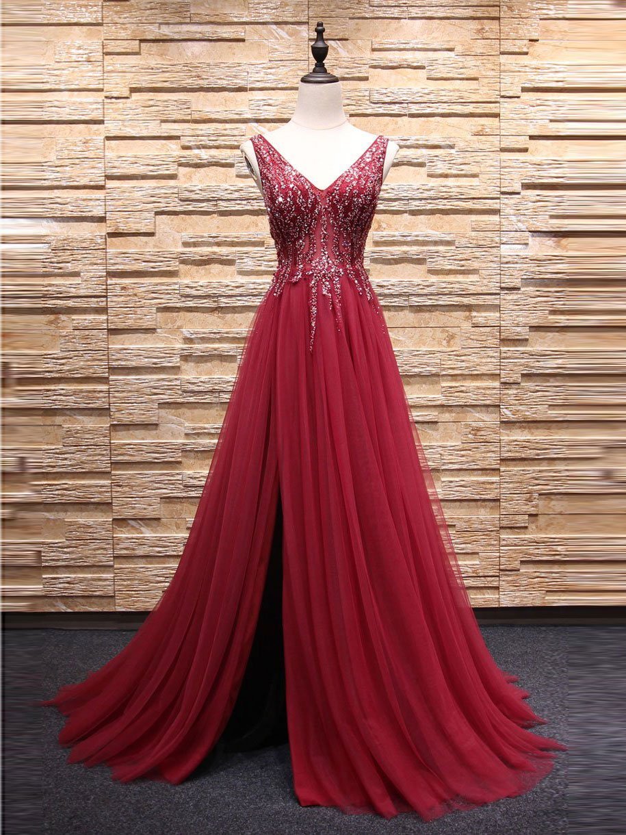 A-line V-neck Sweep Train Tulle Rhinestone Beaded Prom Dresses