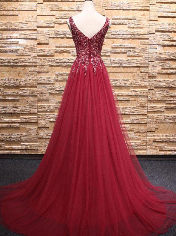 A-line V-neck Sweep Train Tulle Rhinestone Beaded Prom Dresses