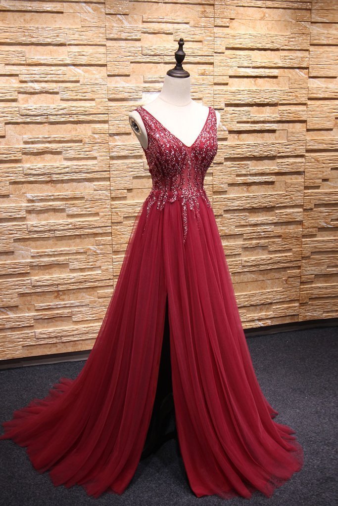 A-line V-neck Sweep Train Tulle Rhinestone Beaded Prom Dresses