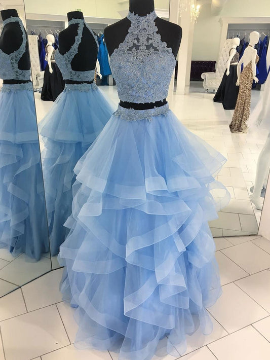 Eye-catching Tulle High-neck Neckline Two-piece A-line Prom Dresses With Beaded Appliques