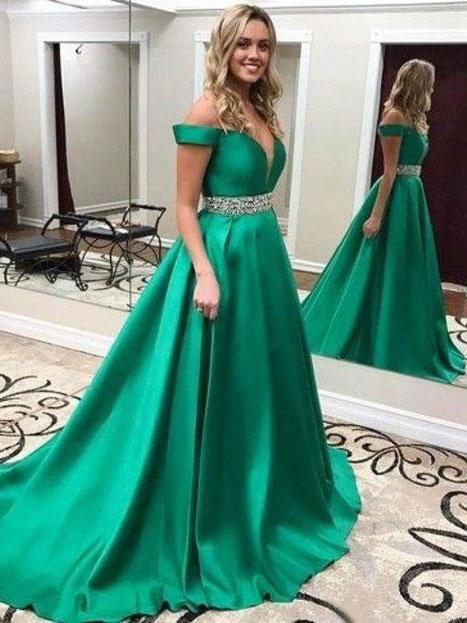 Marvelous Satin Off-the-shoulder Neckline Chapel Train A-line Prom Dresses With Beadiings