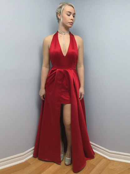 Outstanding Satin Halter Neckline Sweep Train A-line Prom Dress