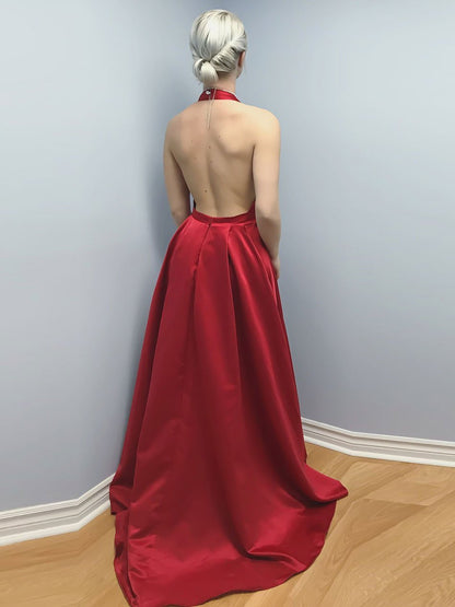 Outstanding Satin Halter Neckline Sweep Train A-line Prom Dress