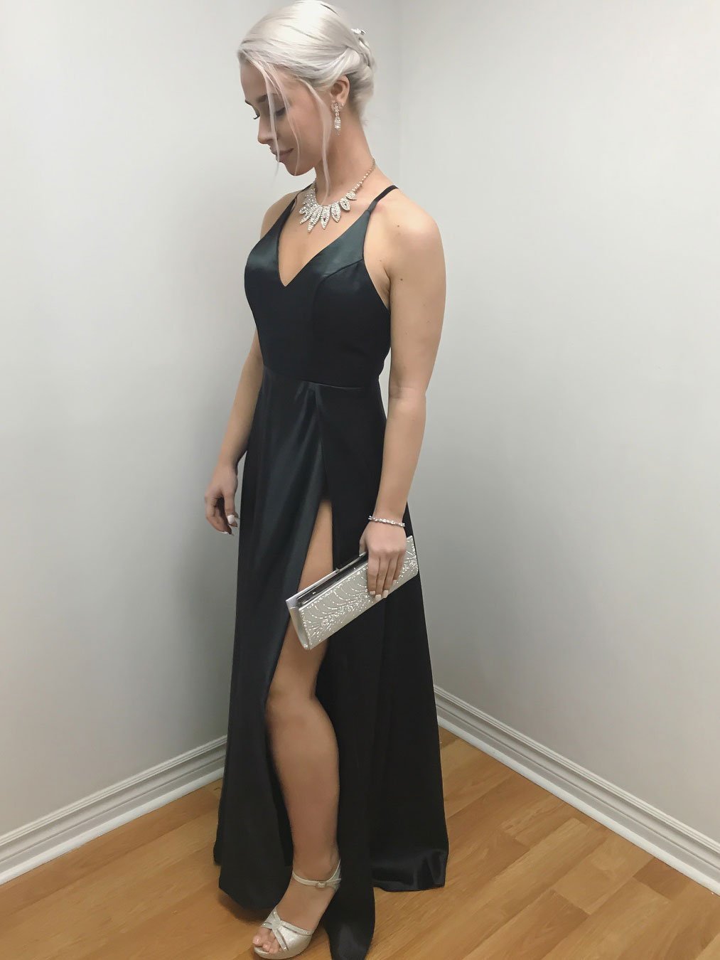 Simple Satin Spaghetti Straps Neckline A-line Prom Dresses With Slit