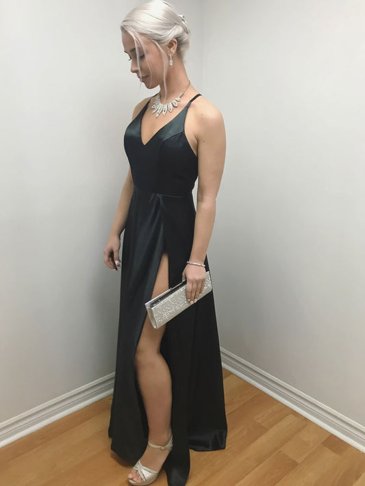 Simple Satin Spaghetti Straps Neckline A-line Prom Dresses With Slit