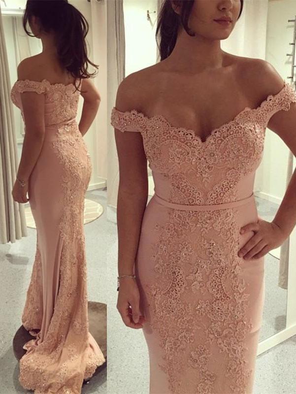 Trumpet/Mermaid Off-Shoulder Sweep Train Jersey Appliqued  Beaded Prom Dresses