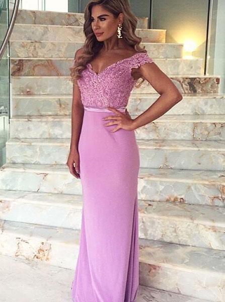 Trumpet/Mermaid Off-Shoulder Sweep Train Jersey Appliqued  Prom Dresses