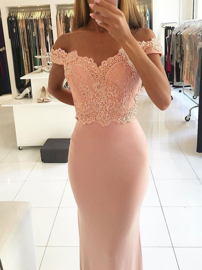 Trumpet/Mermaid Off-Shoulder Sweep Train Jersey Appliqued Prom Dresses