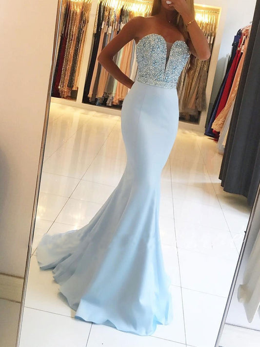 Trumpet/Mermaid Sweetheart Sweep Train Jersey Beaded Prom Dresses