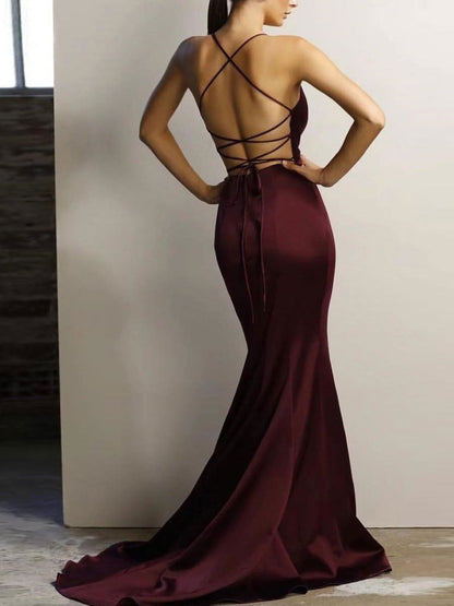 Wonderful Satin Halter Neckline Sweep Train Sheath Prom Dress