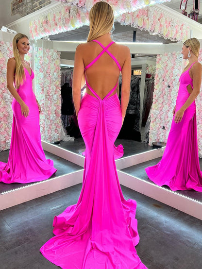 Angela |Mermaid Pink V Neck Backless Satin Long Prom Dress