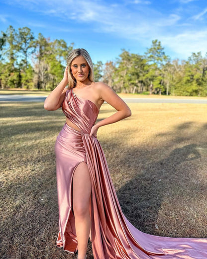 Shannon | Charming Mermaid One Shoulder Satin Prom Dresses with Slit