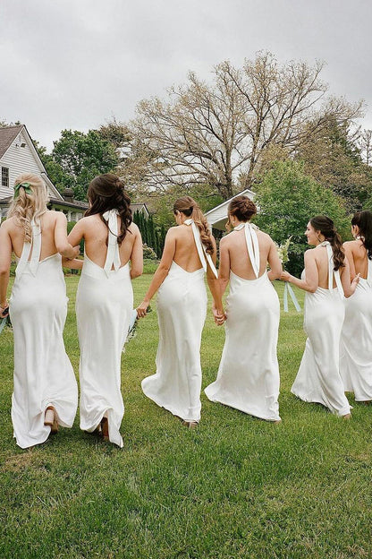 Rosalinda | Sheath Halter White Silk Satin Long Bridesmaid Dresses