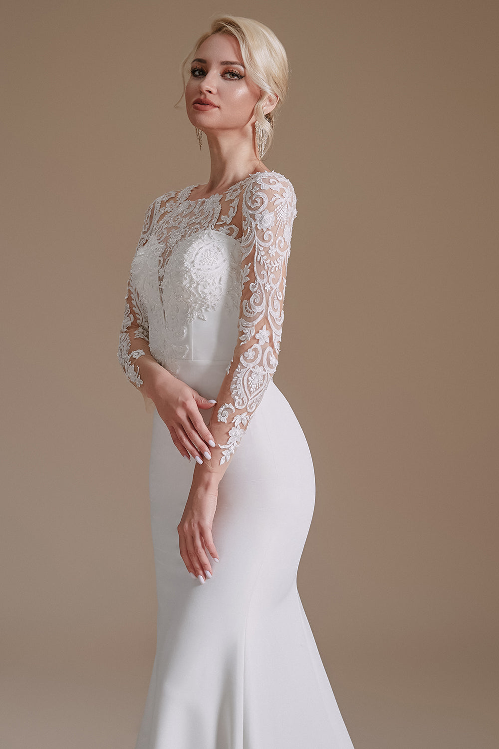 White Mermaid Long Sleeves Sweep Train Wedding Dress with Lace