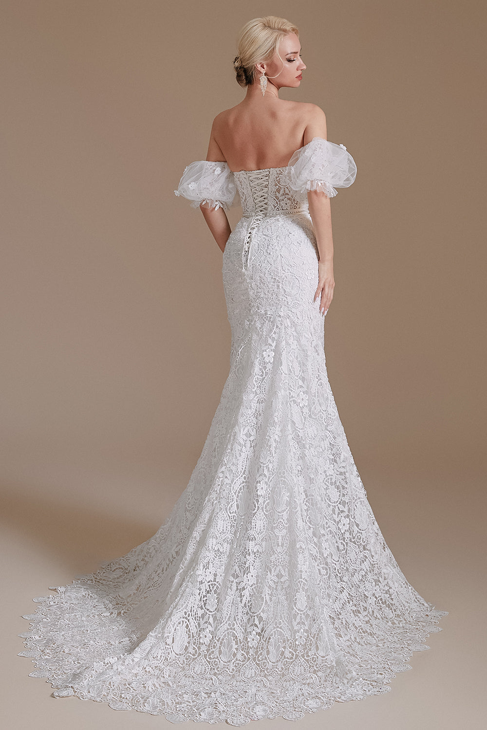 White Mermaid Lace Detachable Puff Sleeves Sweep Train Bridal Dress