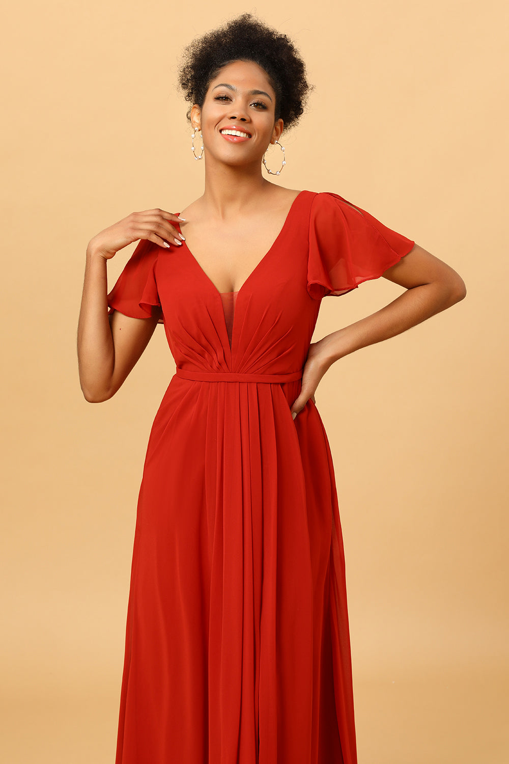 A Line V Neck Rust Long Bridesmaid Dress with Short Sleeves