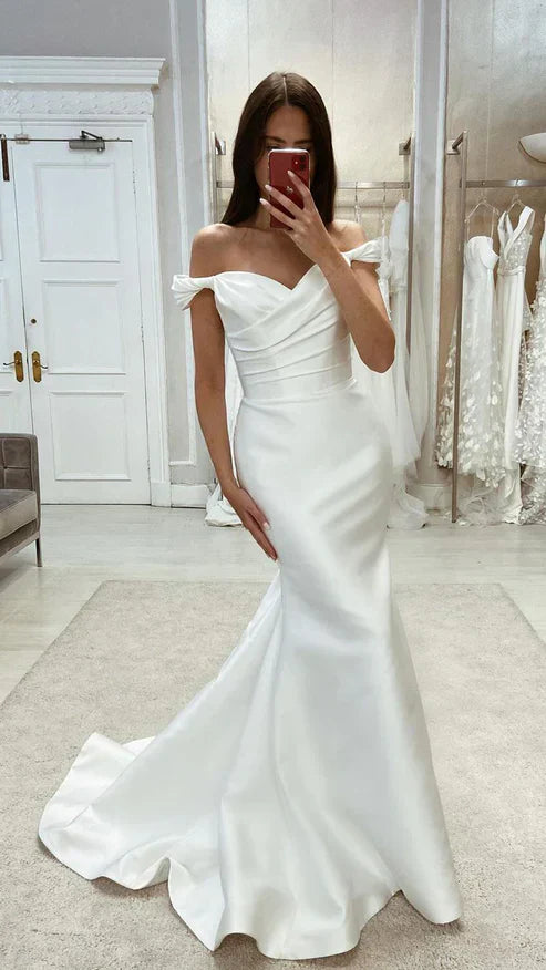 Natalia | Chic Satin Mermaid Off-Shoulder Ruched With Train Beach Wedding Dress