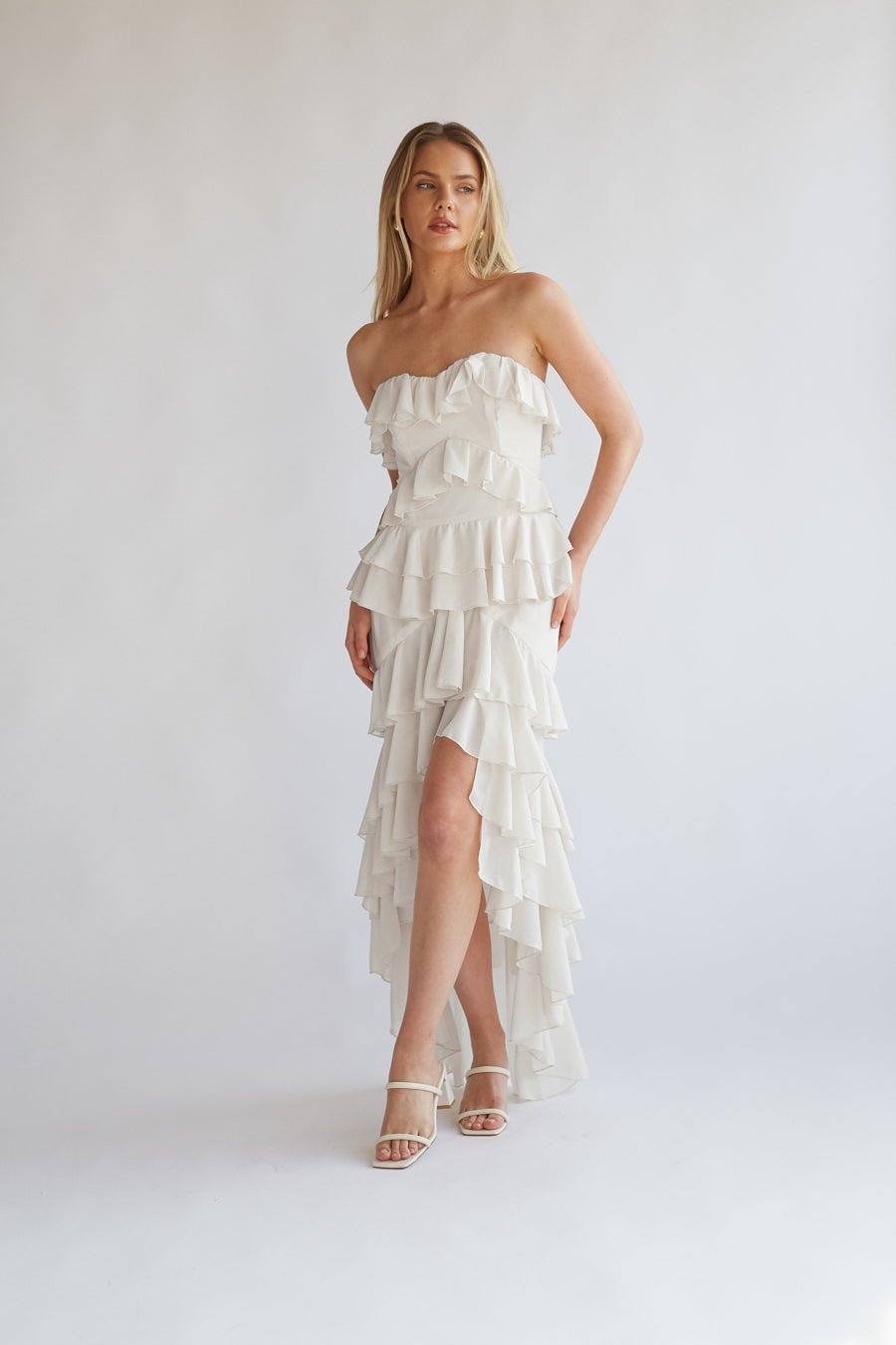 Clementine Strapless High Low Ruffle Maxi Dress juxrui Clementine Strapless High Low Ruffle Maxi Dress juxrui