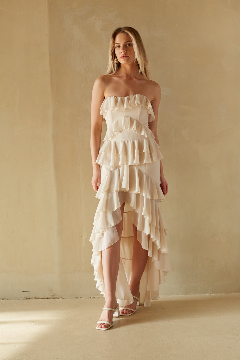 ivory satin ruffle strapless dress Clementine Strapless High Low Ruffle Maxi Dress – juxrui