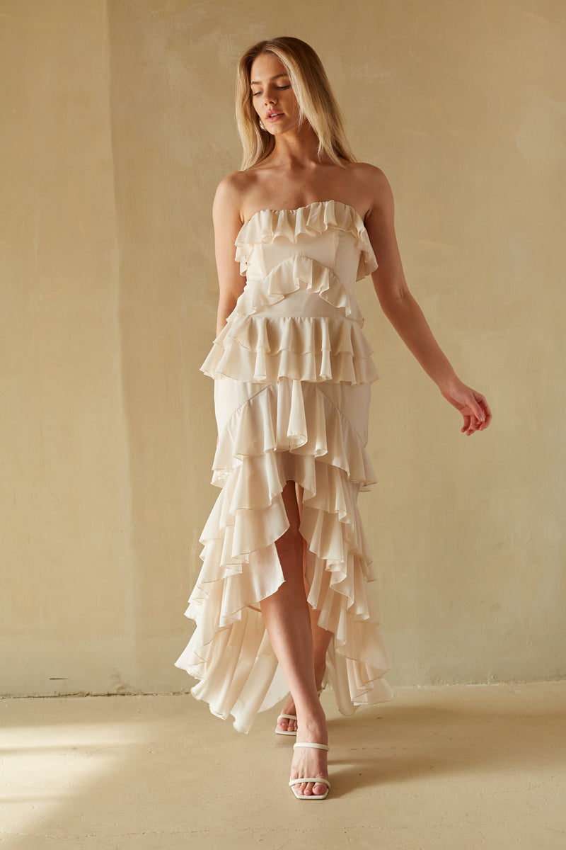 Clementine Strapless High Low Ruffle Maxi Dress – juxrui Clementine Strapless High Low Ruffle Maxi Dress – juxrui