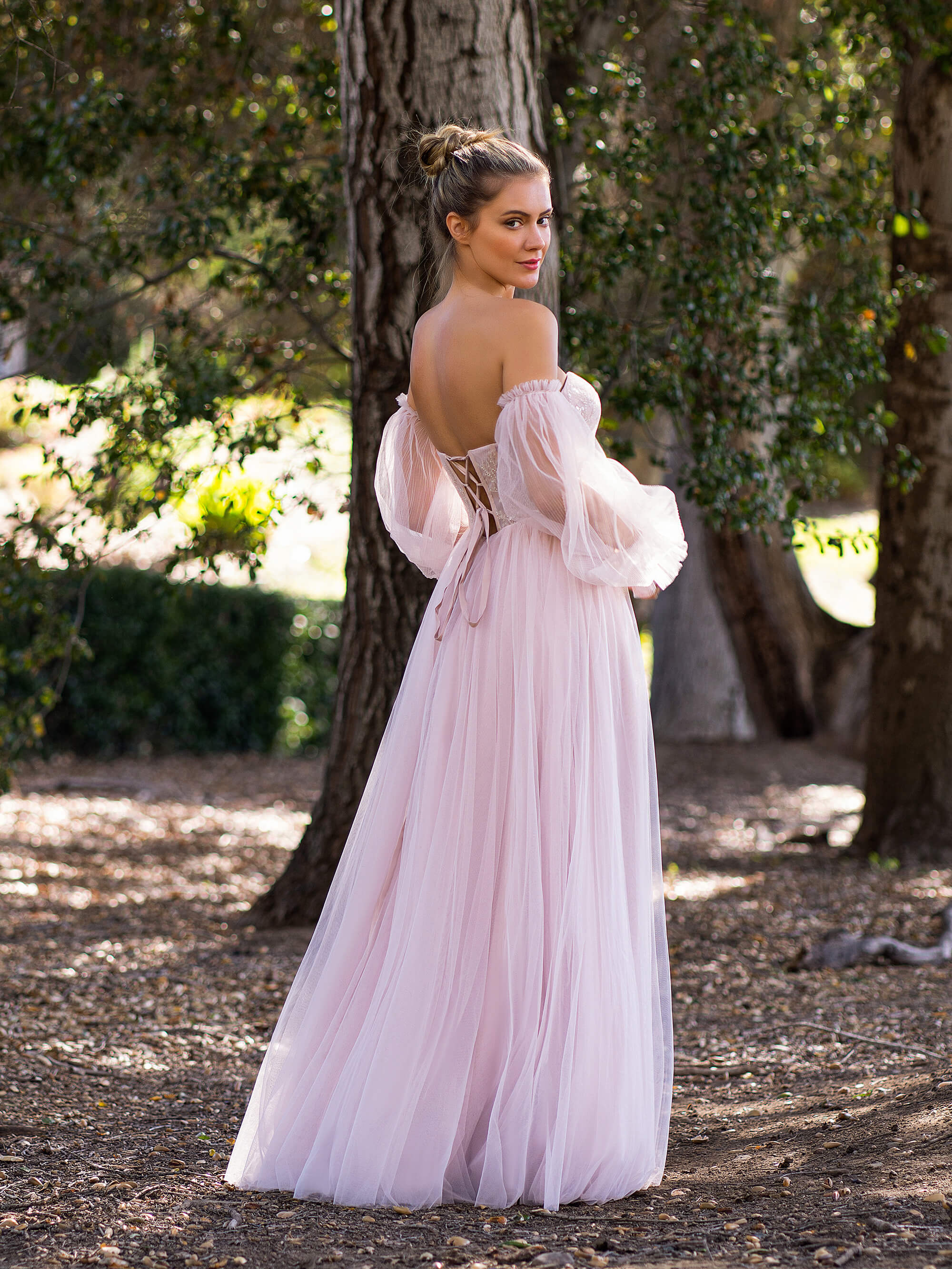 A-line Corset Off The Shoulder Floor Length Tulle Prom Dress with lace appliques