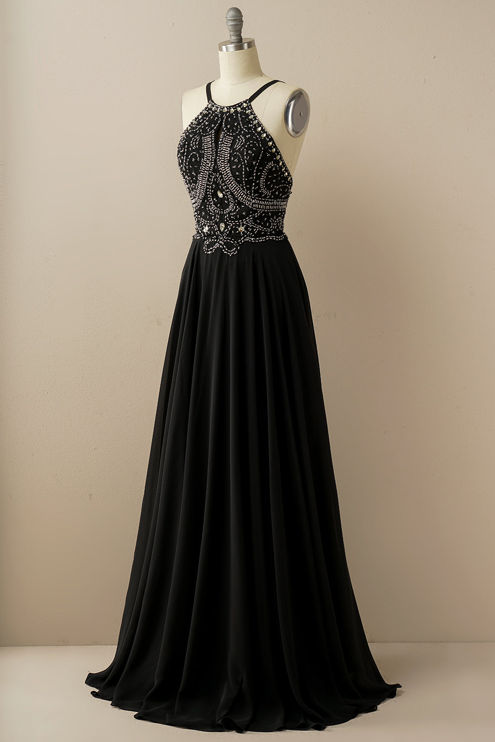 Halter Beaded Backless Prom Dress