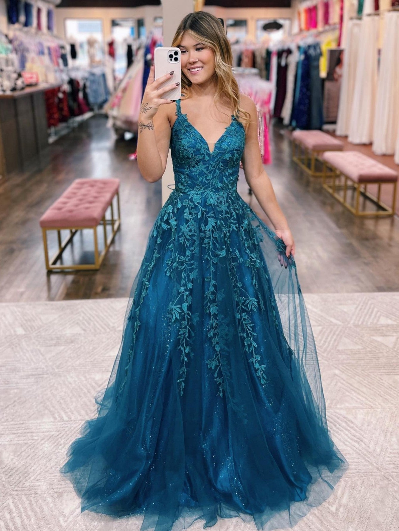 Veronica |A Line Ink Blue Glitter Tulle Lace Prom Dress