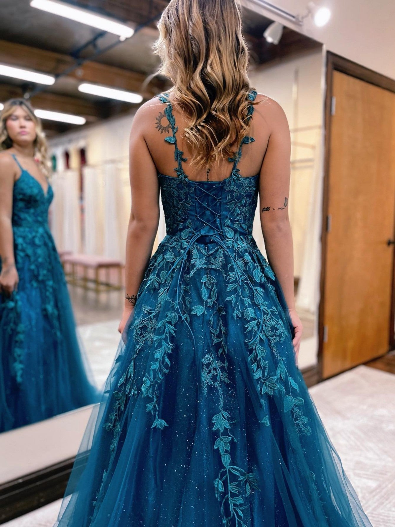 Veronica |A Line Ink Blue Glitter Tulle Lace Prom Dress