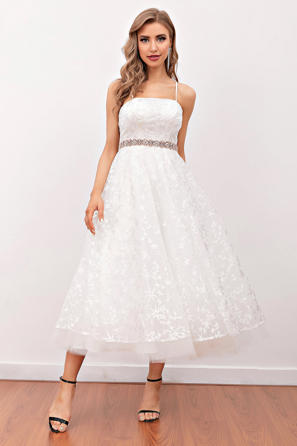 White Lace Midi Prom Dress (Belt Not Included)