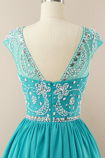 Turquoise Beaded Sleeveless Homecoming Dress
